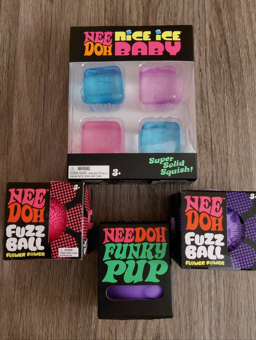 Needoh Squishy Lot Nice Ice Baby, Purple Funky Pup, 2 Fuzz Balls Fidget Stress